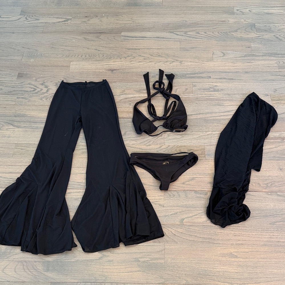 Oh Polly Black Bikini Set with Cover-Up Pants and Sarong